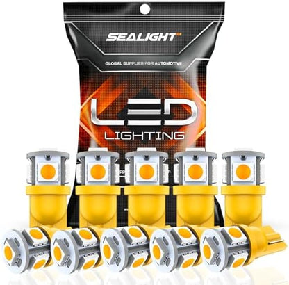 SEALIGHT 194 LED Bulbs, 168 T10 LED Bulb Amber 2700k Yellow 2825 for Turn Signal Side Marker Dome Lights, 12V Cab Running Parking Tail Lights, (Pack of 10)