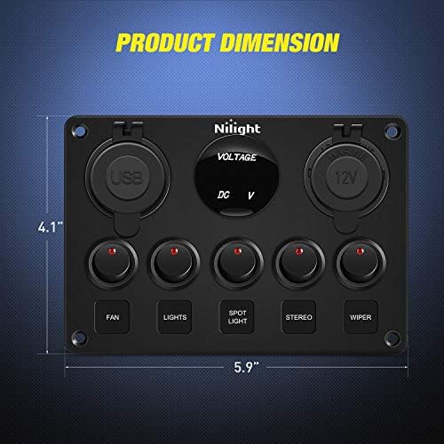Nilight 5 Gang Multi-Function Rocker Switch Panel On Off SPST Toggle | 12V 12V/20A 24V/10A Dual USB Charger LED Voltmeter Cigarette Lighter for LED Light Bar Rear Rock Lights Trucks RV Boats 4X4 Red