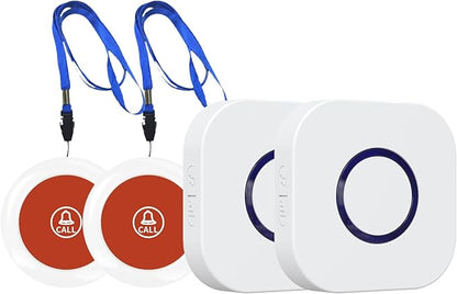 Wireless Caregiver Pager Dual Receiver Home Alert System with Emergency Call Bell SOS Buzzer Buttons for Elderly Parents 1000+ Feet Range 38 Melodies AB Buttons No Monthly Fee 2RX+2TX White