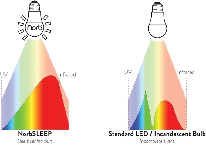 Norb NorbSLEEP Low-Blue Sleep Light Bulb – Melatonin-Boosting Nighttime LED for Restful Sleep – for Babies, Kids, & Adults – 6W A19 Dimmable, Natural Evening Spectrum, White Not Amber (1-Pack)