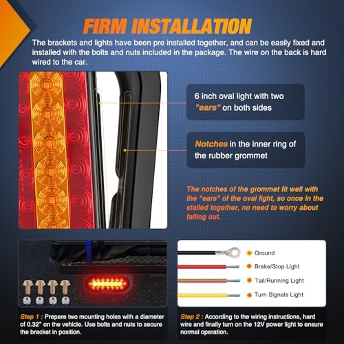 Nilight 6" Oval Trailer Tail Light 2 PCS Red Amber w/Mounting Brackets