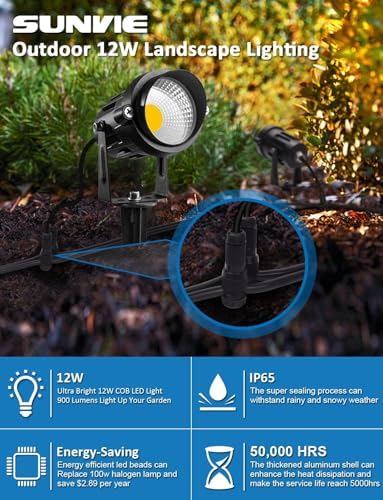 SUNVIE 24 Pack Low Voltage Landscape Lights LED 12W Landscape Lighting with connectors AC/DC 12V-24V Outdoor Spotlight IP65 Waterproof Tree Flag Lights Warm White Spotlights for Yard Garden Pathway