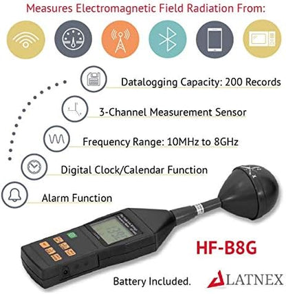 RF EMF Meter HF-B8G High Frequency 10Mhz-8Ghz. Measures Wide-Range Electromagnetic Radiation from Cell Towers-Smart Meters-Wi-Fi-Cordless and Cell Phones-3G-4G-LTE & 5G Networks