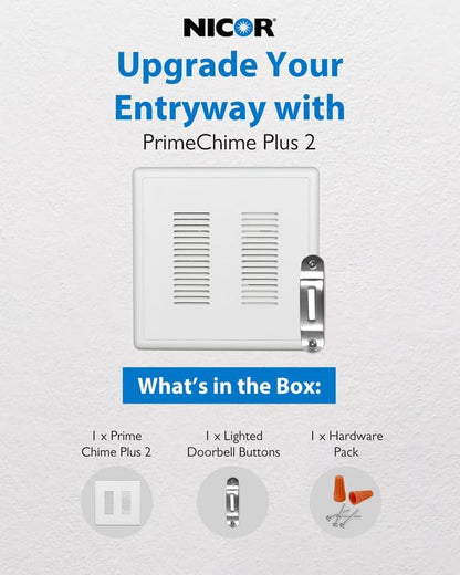PrimeChime Plus 2 Electric Doorbell Kit - Doorbells for Home - Includes Selectable Ring Chimes - Deco Button, Nickel - NICOR Lighting