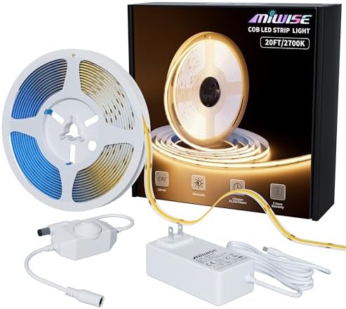 MIWISE COB LED Strip Light 20ft/6.1m,CRI 90+ Warm White 2700K High Lumen Dimmable Super Bright Flexible DC24V LED Tape Light with Controller/Dimmer,for Cabinet Home Office DIY Lighting Projects