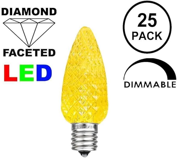 Novelty Lights 25 Foot C7 LED Outdoor Lighting Patio Christmas String Lights, Yellow, White Wire, 25 Bulbs