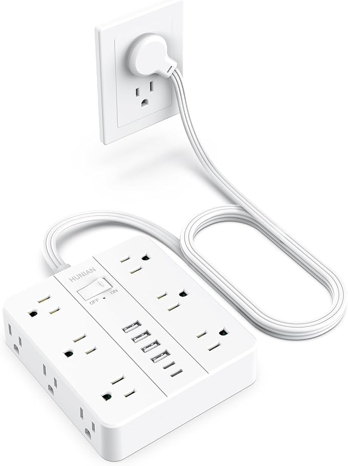 Extension Cord Power Strip, HUNIAN 5Ft Flat Plug Extension Cord | 12 Widely Spaced Multiple Outlets 6 USB (2 USB C Ports), Outlet Extender with Power Switch for Home Office Supplies, White