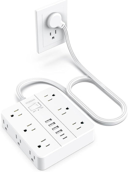Extension Cord Power Strip, HUNIAN 5Ft Flat Plug Extension Cord | 12 Widely Spaced Multiple Outlets 6 USB (2 USB C Ports), Outlet Extender with Power Switch for Home Office Supplies, White