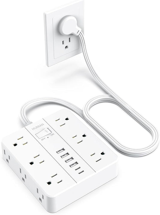 Extension Cord Power Strip, HUNIAN 5Ft Flat Plug Extension Cord | 12 Widely Spaced Multiple Outlets 6 USB (2 USB C Ports), Outlet Extender with Power Switch for Home Office Supplies, White
