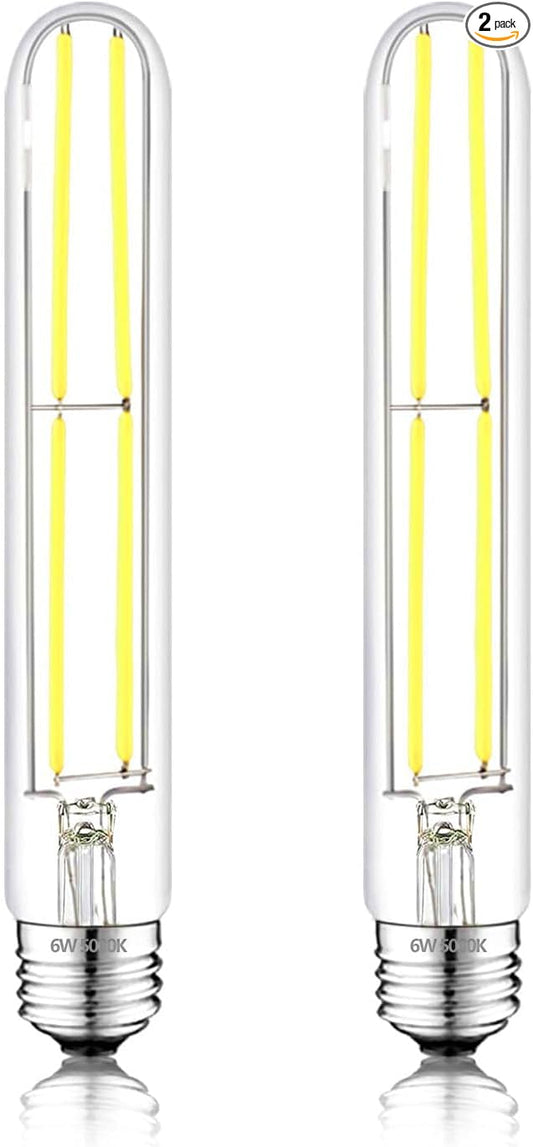 7.3 Inch E26 Led Bulb 6W Dimmable, 5000K Daylight Edison Bulbs 800LM, Equal 80 Watt Tubular T10 T9 Long Clear Glass Light Bulb for Pendant Pipe Wall Sconces Chandeliers - 2Pack