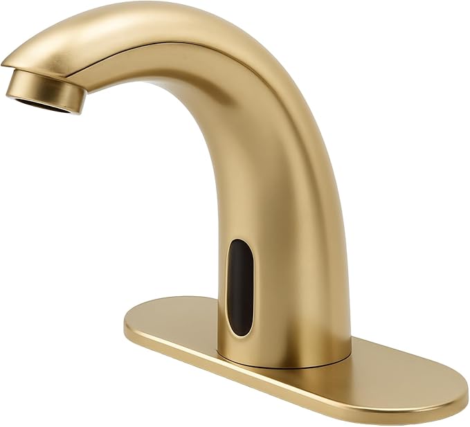 Brushed Gold Touchless Bathroom Sink Faucet - Battery Operated Automatic Motion Sensor Hands Free Faucet with Hot and Cold Mixing Valve
