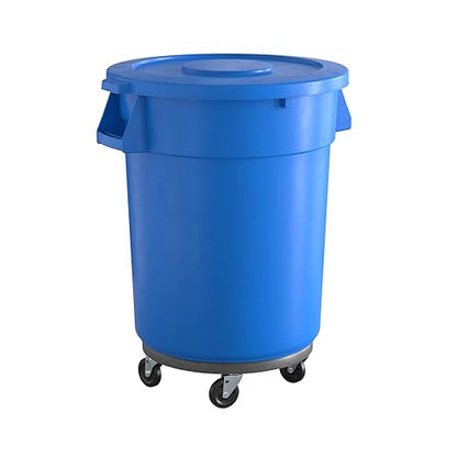 32 Gallon Blue Round Commercial Trash Can with Lid and Dolly, Heavy-Duty Food Grade NSF Certified, Perfect for Restaurant, Office, School, Garage, Backyard, Workshop, Warehouse