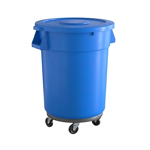 32 Gallon Blue Round Commercial Trash Can with Lid and Dolly, Heavy-Duty Food Grade NSF Certified, Perfect for Restaurant, Office, School, Garage, Backyard, Workshop, Warehouse