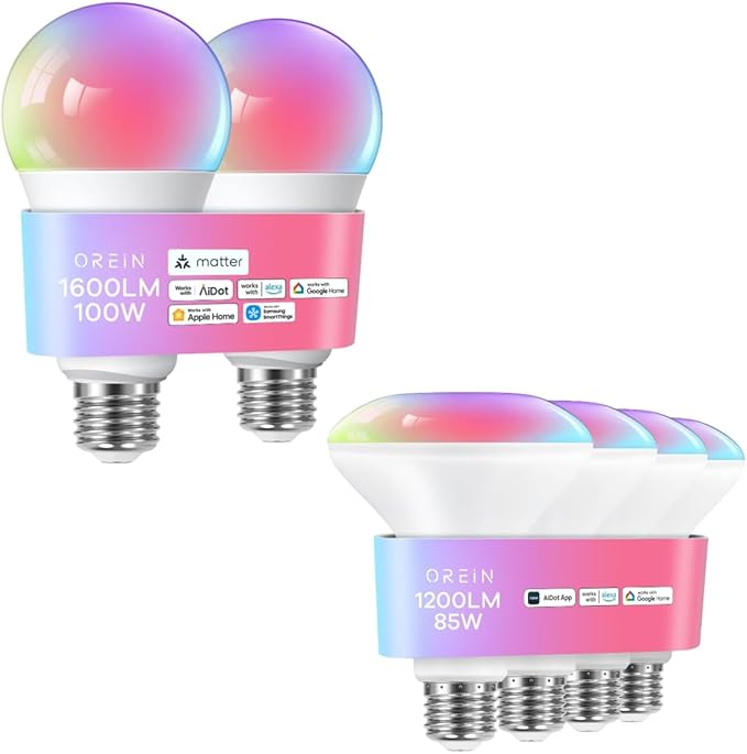 OREiN Matter Smart Light Bulb, 1600/1200 Lumens 100W/85W Equivalent Smart Light Bulbs, Color Changing Light Bulbs Work with Apple Home, Alexa, Google Home, SmartThings