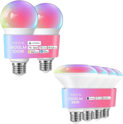 OREiN Matter Smart Light Bulb, 1600/1200 Lumens 100W/85W Equivalent Smart Light Bulbs, Color Changing Light Bulbs Work with Apple Home, Alexa, Google Home, SmartThings