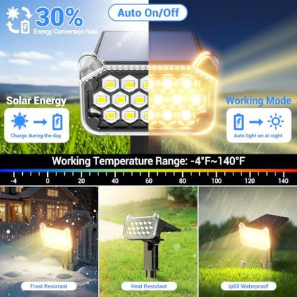 Solar Spot Lights Outdoor Waterproof IP65, Super Bright LEDs with Lens, 2 Lighting Modes, 2 in 1 Auto On/Off Solar Powered Spotlights for Outside Landscape Holiday Decor, 6 Pack, Warm White