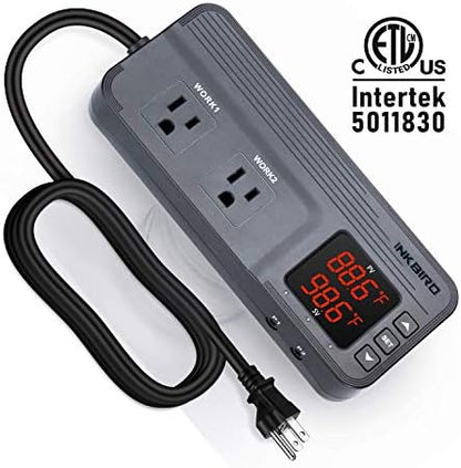 Inkbird ITC-608T Temperature Controller with Dual Temperature Sensor AC Dual Stage Outlet Thermostat with 12 Period Time Stage 1800W ETL Listed