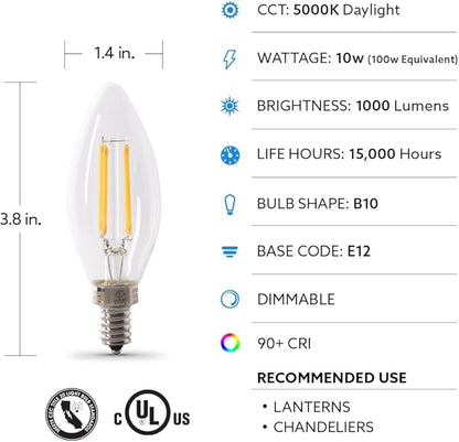 Feit Electric LED Candelabra Light Bulb, 100W Equivalent, Dimmable, E12 Base, 5000K Daylight, B10 Filament Torpedo Tip Decorative Lighting Bulbs, 13-Year Lifetime, BPCTC100950CAFIL/2/6, 12 Pack