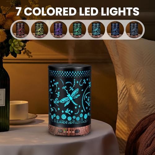 Essential Oil Diffuser 120ML Metal Aromatherapy Diffuser with Timer, Cool Mist Humidifier with Auto Shut-Off & 7 Color Lights for Home Office Spa (Dragonfly)