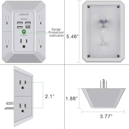USB Wall Charger, Surge Protector, QINLIANF 5 Outlet Extender with 4 USB Charging Ports(3U1C) 3-Sided 1680J Power Strip Multi Plug Outlets Wall Adapter Spaced for Home Travel Office, Grey