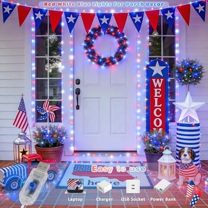 JMEXSUSS 100 LED Red White and Blue Fairy Lights for 4th of July Decor