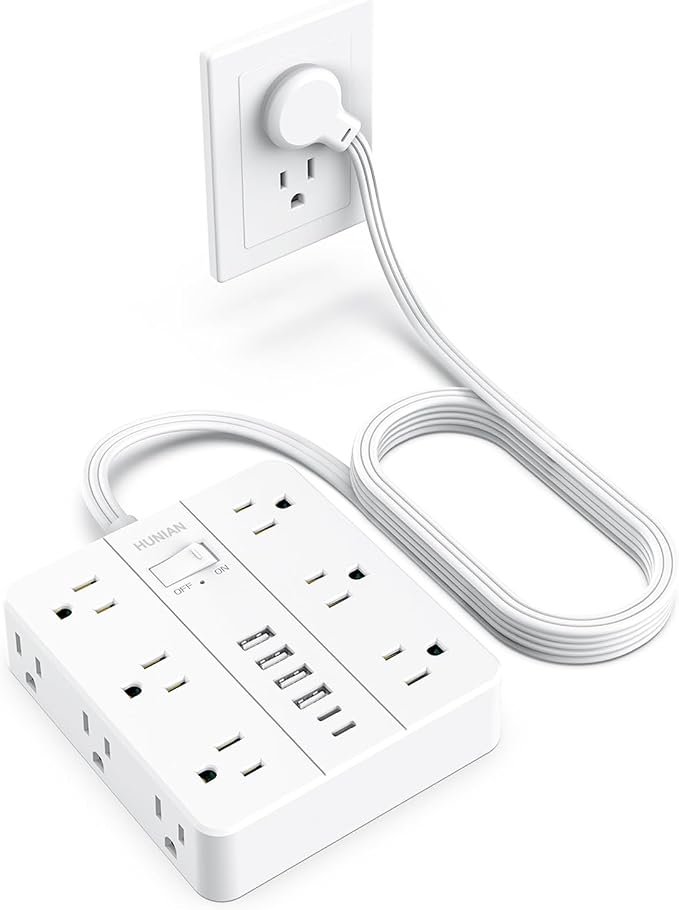 Extension Cord Power Strip, HUNIAN 10Ft Flat Plug Extension Cord | 12 Widely Spaced Multiple Outlets 6 USB (2 USB C Ports), Outlet Extender with Power Switch for Home Office Supplies, White