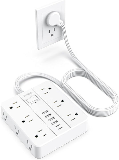 Extension Cord Power Strip, HUNIAN 10Ft Flat Plug Extension Cord | 12 Widely Spaced Multiple Outlets 6 USB (2 USB C Ports), Outlet Extender with Power Switch for Home Office Supplies, White