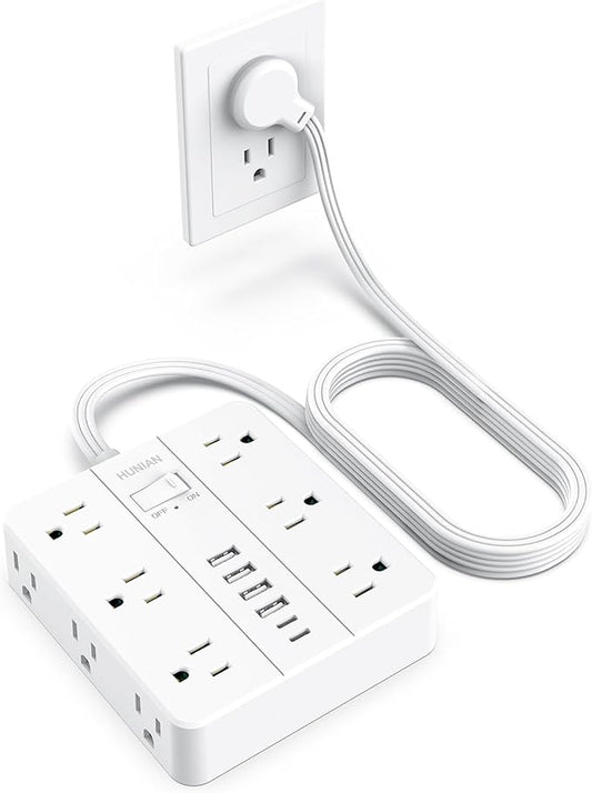 Extension Cord Power Strip, HUNIAN 10Ft Flat Plug Extension Cord | 12 Widely Spaced Multiple Outlets 6 USB (2 USB C Ports), Outlet Extender with Power Switch for Home Office Supplies, White