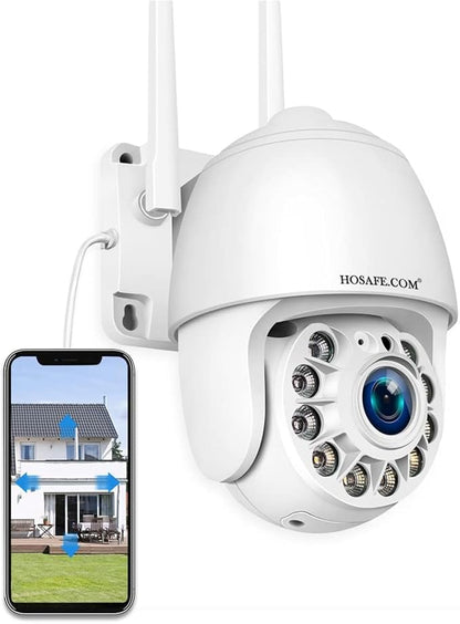 HOSAFE.COM Cameras for Home Security Outdoor WiFi, Plug-in 24/7 Video Surveillance System, Spotlight Color Night Vision, Human Motion Detection, PTZ Auto Tracking, Two Way Talk, Waterproof
