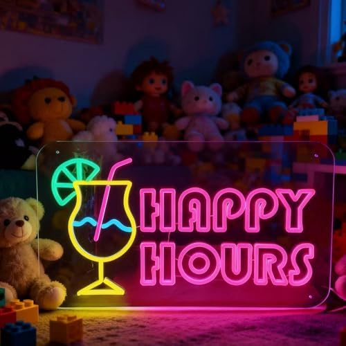 Happy Hours Neon Sign, USB 5V Powered LED Silicone Strip Neon Light, Acrylic Board Wall Decor for Bar Pub Man Cave Home Party, Non-Waterproof Indoor Use Only