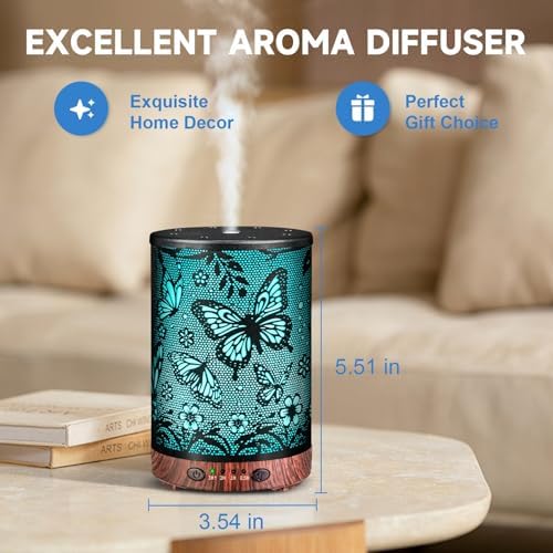 Essential Oil Diffuser 120ML Metal Aromatherapy Diffuser with Timer, Cool Mist Humidifier with Auto Shut-Off & 7 Color Lights for Home Office Spa (Big Butterfly)