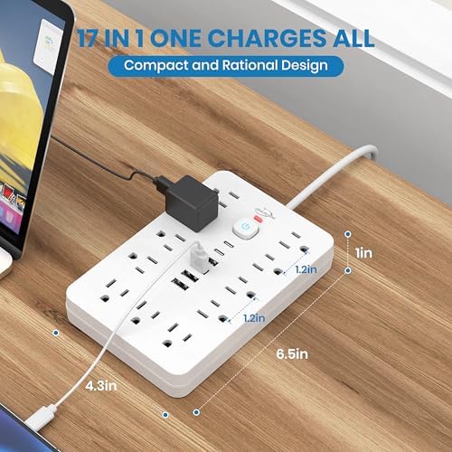 JouleLoom Power Strip Surge Protector with 11 Outlets, 4 USB and 2 USB C Ports, 5 Ft Extension Cord, Flat Plug, Wall Mount, Overload Protection Desk USB Charging Station for Home, Office（White）