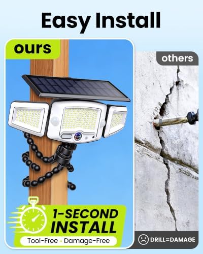 4000mAh Solar Motion Lights Outdoor with Octopus Mount, 2500LM 270° 3-Head Adjustable Solar Flood Lights with Digital Display & Remote, Dual PIR Sensor Security Lights for Fence Yard Patio Gazebo（1）