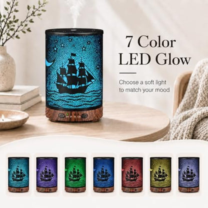 Essential Oil Diffuser 120ML Metal Aromatherapy Diffuser with Timer, Cool Mist Humidifier with Auto Shut-Off & 7 Color Lights for Home Office Spa (Sailing Ship)
