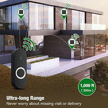 AIDA Lighted Wireless Doorbell for Home, Waterproof Battery Doorbell Wireless 1,000ft Range, 5 Volume Levels with 58 Chimes & LED Flash on Receiver (Black, 1 transmitter & 1 Receiver)