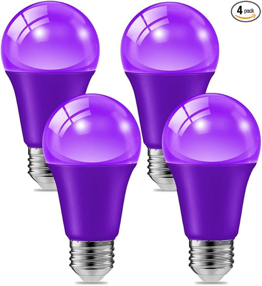 haraqi 4 Pack 9W (60W Equivalent) 120V E26 Base A19 LED Colored Light Bulb, Purple LED Lights for Party Christmas Decor and Halloween Lighting