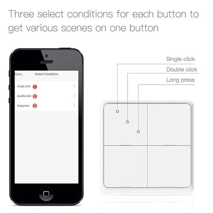 MOES Wireless Smart Scene Switch Button, Require MOES HUB, Zigbee Connection Tuya Battery Powered Included 12 Scene Controller for Smart Home Automation 4 Gang Black (Pack of 2)