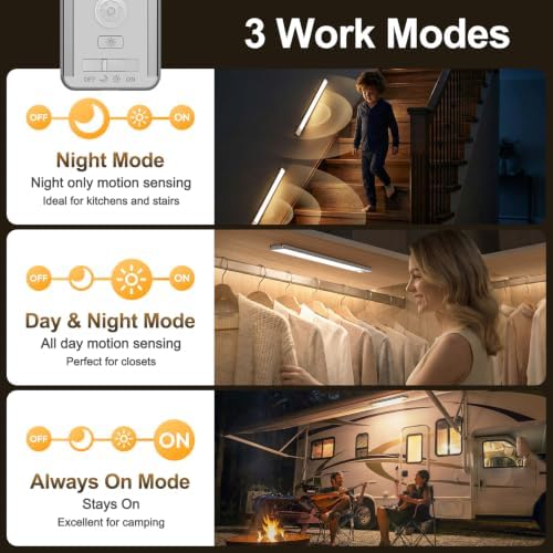 Reoshine Motion Sensor Light Indoor, 80 LED Under Cabinet Lighting Battery Operated with 3 Color Temps, 1800mAh Rechargeable Closet Lights Wireless for Kitchen, Pantry, Stair (2 Pack)