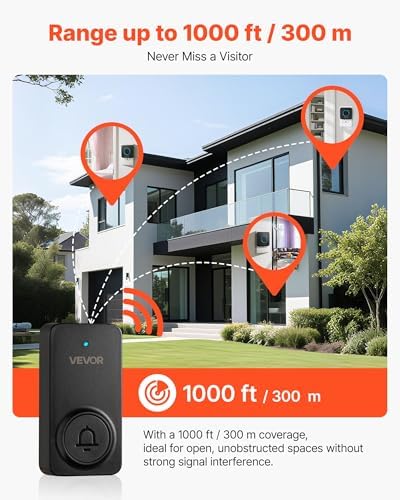 VEVOR Wireless Doorbell Kit, IP54 Waterproof Door Chime Ranges up to 1000 ft, 5 Adjustable Volumes, 48 Ringtones, Easy Installation, Wireless Doorbell Ideal for Home, Doorway, Classroom, Office, Black
