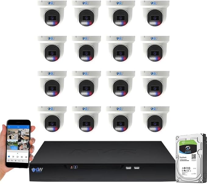 GW Security 16 Channel 8MP Fulltime Color Night Vision 4K NVR Security Camera System with 16 UltraHD 4K IP Two-Way Audio Outdoor/Indoor Smart AI Face/Human/Vehicle Detection PoE Dome Cameras