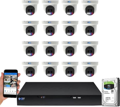 GW Security 16 Channel 8MP Fulltime Color Night Vision 4K NVR Security Camera System with 16 UltraHD 4K IP Two-Way Audio Outdoor/Indoor Smart AI Face/Human/Vehicle Detection PoE Dome Cameras