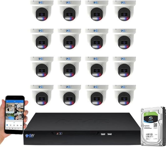 GW Security 16 Channel 8MP Fulltime Color Night Vision 4K NVR Security Camera System with 16 UltraHD 4K IP Two-Way Audio Outdoor/Indoor Smart AI Face/Human/Vehicle Detection PoE Dome Cameras