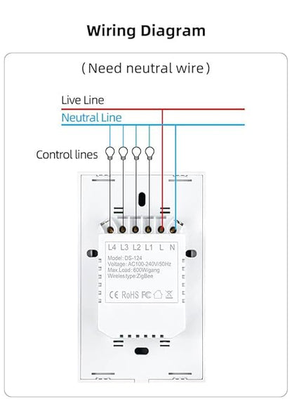 Zigbee Touch Smart Switch, Compatible with Alexa, Google Home, Hubitat, and HA, Neutral Wire Required (2 Gang, Black)