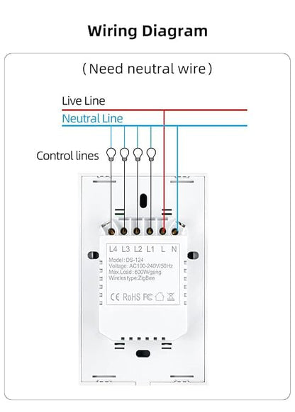 Zigbee Touch Smart Switch, Compatible with Alexa, Google Home, Hubitat, and HA, Neutral Wire Required (1 Gang, White)