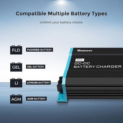 Renogy 60A DC-DC Battery Charger 12V for Lithium/AGM/Gel, for RVs & Boats