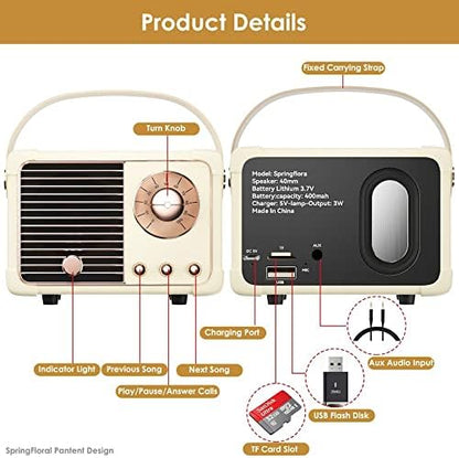 Retro Bluetooth Speaker, Mini Bluetooth Speaker Wireless with Stereo Sound,Hands-Free Call,400mA Battery,TF Card, Aux Line, for iOS Android Smartphone Home Office, Birthday Gifts White