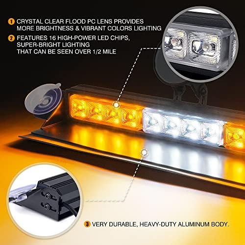 Xprite 16 inch White Amber Emergency Strobe Dash Lights, Interior Windshield Flashing Light w/Suction Cups for Construction Towing Snow Plow Pickup Work Trucks Cars (Aluminum Housing)