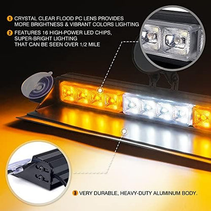 Xprite 16 inch White Amber Emergency Strobe Dash Lights, Interior Windshield Flashing Light w/Suction Cups for Construction Towing Snow Plow Pickup Work Trucks Cars (Aluminum Housing)