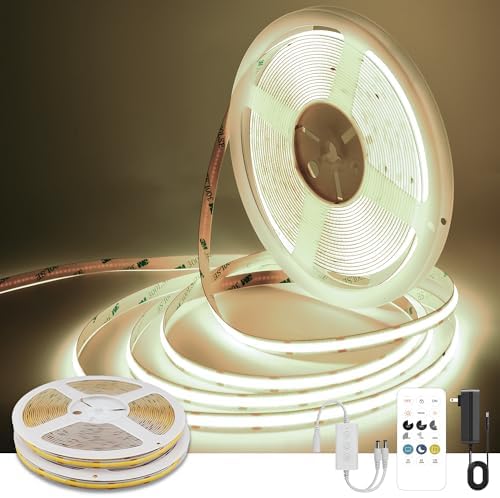Pandery COB LED Strip Lights Natural White,24V Dimmable led Light Strip KIT with Remote and app Control,4000K 65FT/20m 8mm Wide Ra>90 Cuttable Flexible Strip Lights for Bedroom,Shelf,Cabinet