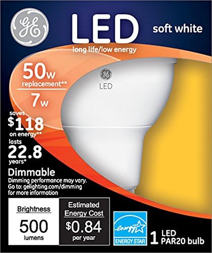 GE Lighting 89985 Energy-Smart LED Equivalent Wattage 50-watt, 500-Lumen PAR20 Bulb with Medium Base, Soft White, 1-Pack